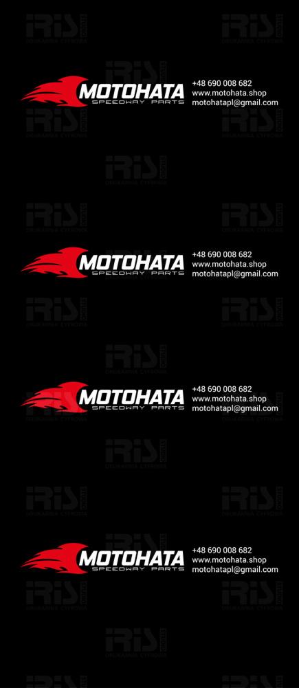 Wielokrotne powtórzenie logo firmy Motohata Speedway Parts na czarnym tle, zawierające nazwę firmy, grafikę płomienia, numer telefonu, adres strony internetowej i adres email.