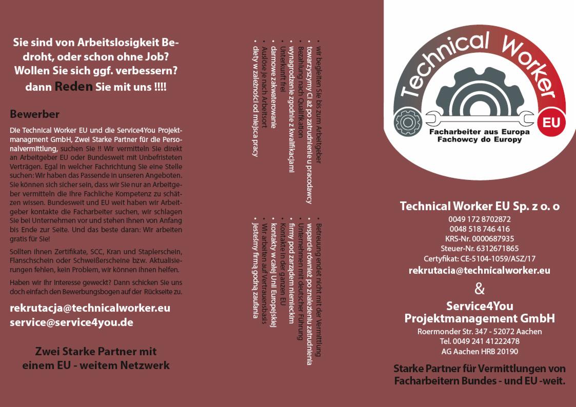 Dwujęzyczna ulotka reklamowa agencji rekrutacyjnej Technical Worker EU i Service4You, oferującej zatrudnienie fachowców z Europy, z logo firmy zawierającym grafikę przekładni i klucza francuskiego...