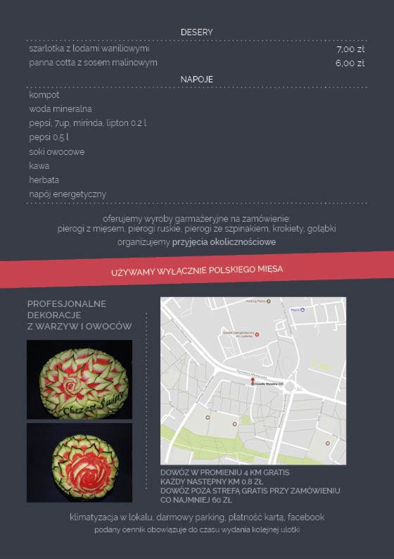Menu restauracji z ofertą deserów, napojów, dań garmażeryjnych i dekoracji z warzyw i owoców, z mapą dojazdu i informacjami o dostawie.