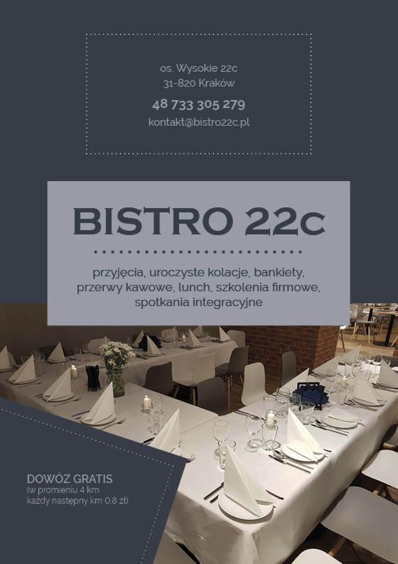 Grafika reklamowa Bistro 22c w Krakowie, prezentująca nakryty stół z białym obrusem, elegancką zastawą, świecami i kwiatami, z informacją o ofercie: przyjęcia, uroczyste kolacje, bankiety, przerwy...