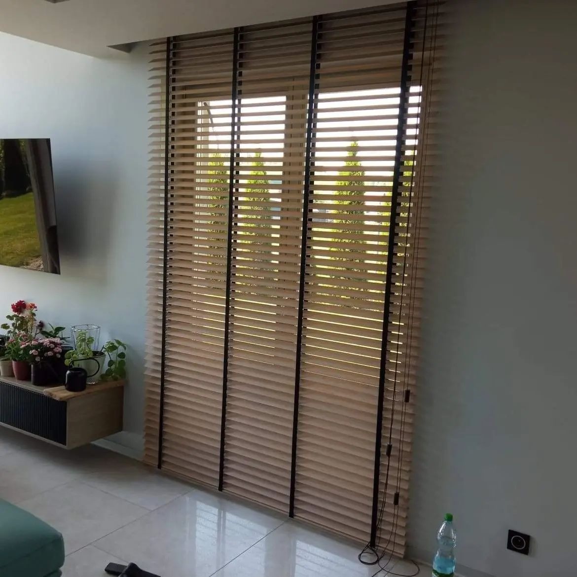 Jasne żaluzje drewniane z czarnymi taśmami na oknie, widok z wnętrza pokoju, z boku telewizor i kwiaty. U dołu butelka wody.