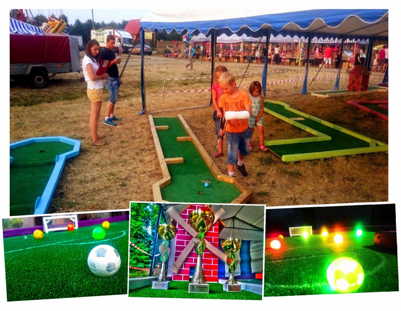 Turniej mini-golfa na świeżym powietrzu. Dzieci grają, a dorośli obserwują. Dodatkowe atrakcje i nagrody w tle. Impreza plenerowa.