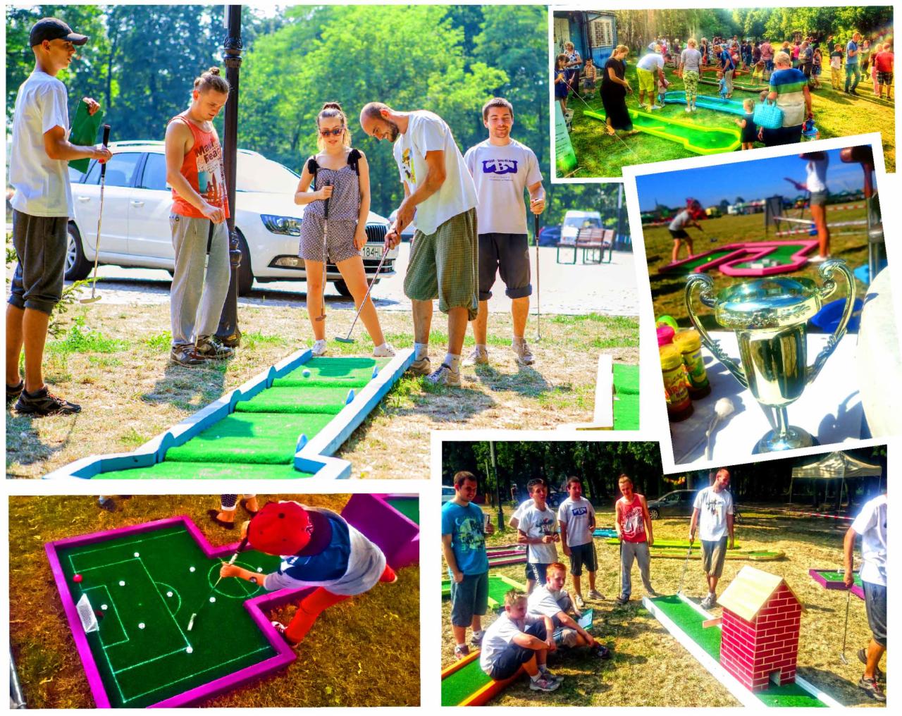 Mini golf na świeżym powietrzu z grupą osób grających na różnorodnych torach. Trofeum i dekoracje dodają uroku.