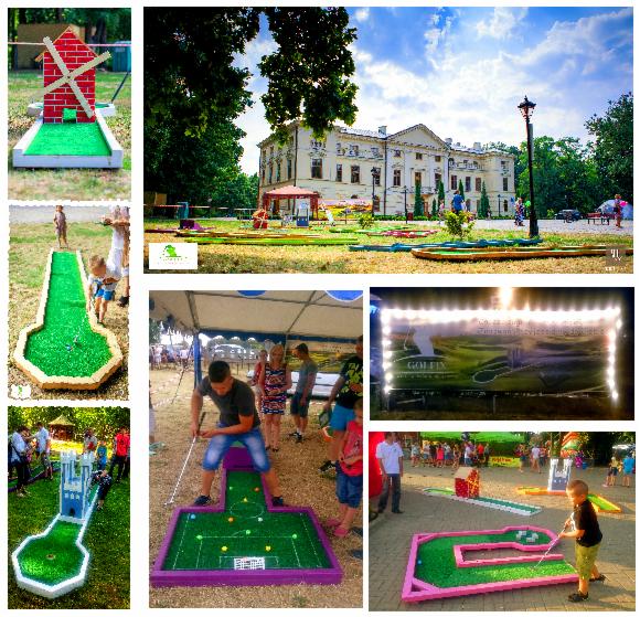 Kolorowe tory do mini golfa z przeszkodami, ustawione na zewnątrz, otoczone zielenią. W tle budynek. Ludzie grają w mini golfa podczas imprezy plenerowej.