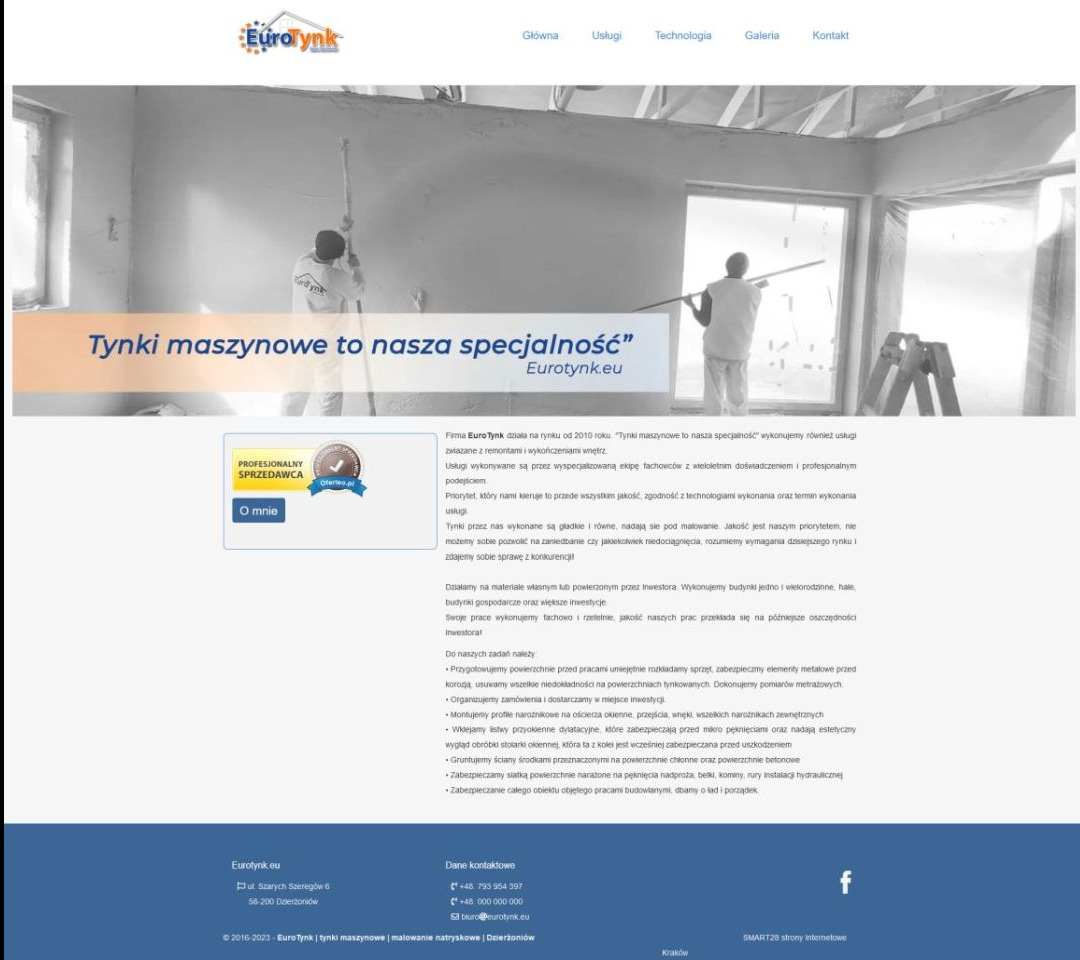 Strona internetowa eurotynk.eu z widocznym logo, menu i hasłem 'Tynki maszynowe to nasza specjalność'. W tle pracownik wykonujący tynki maszynowe.