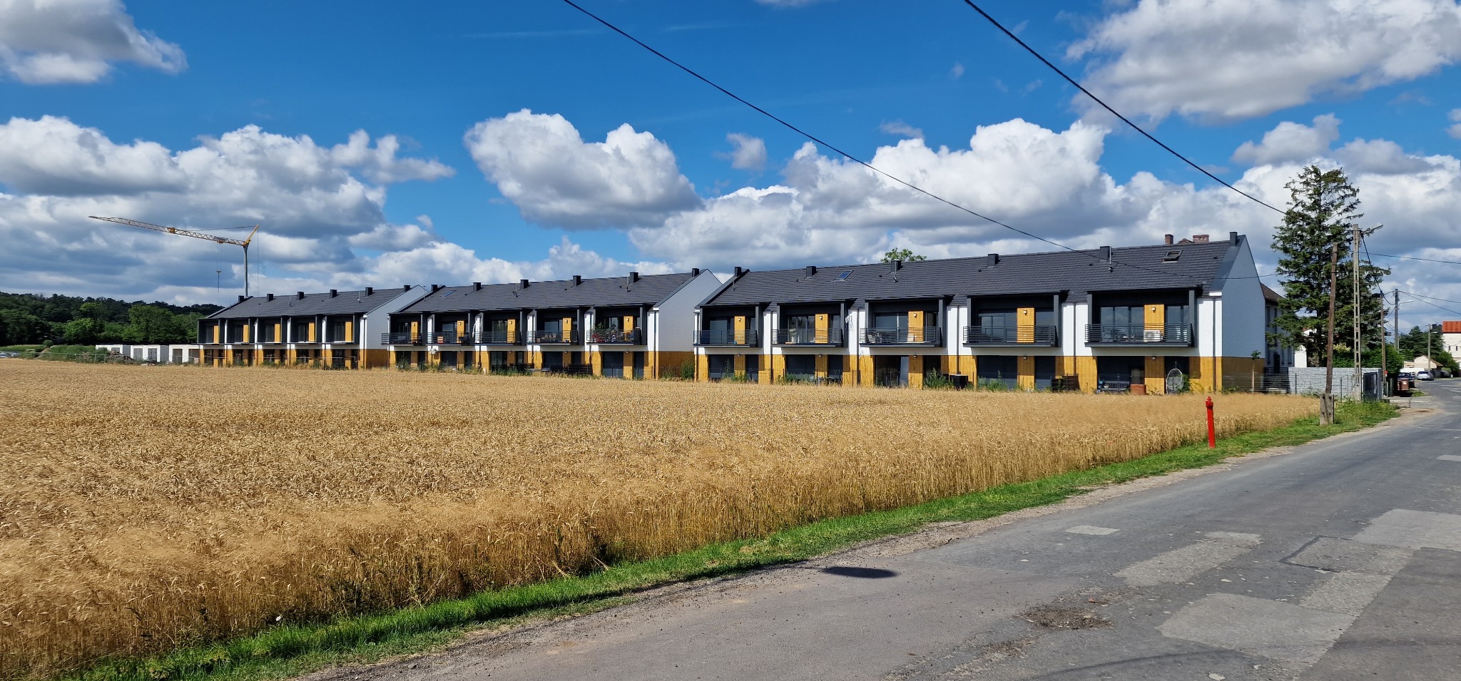 Nowe szeregówki z balkonami w tle pola zboża i błękitnego nieba z chmurami, w oddali widoczny żuraw budowlany.
