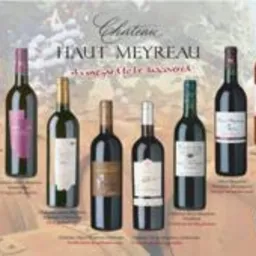 Szeroki wybór butelek wina Chateau Haut Meyreau, różnorodne etykiety i kolory trunku, ułożone na tle beczek. Degustacja win.