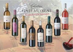 Szeroki wybór butelek wina Chateau Haut Meyreau, różnorodne etykiety i kolory trunku, ułożone na tle beczek. Degustacja win.