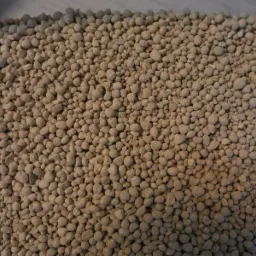 Jasnobrązowe granulki nawozu mineralnego, widoczne w plastikowym pojemniku, o nieregularnych kształtach i zróżnicowanej wielkości.