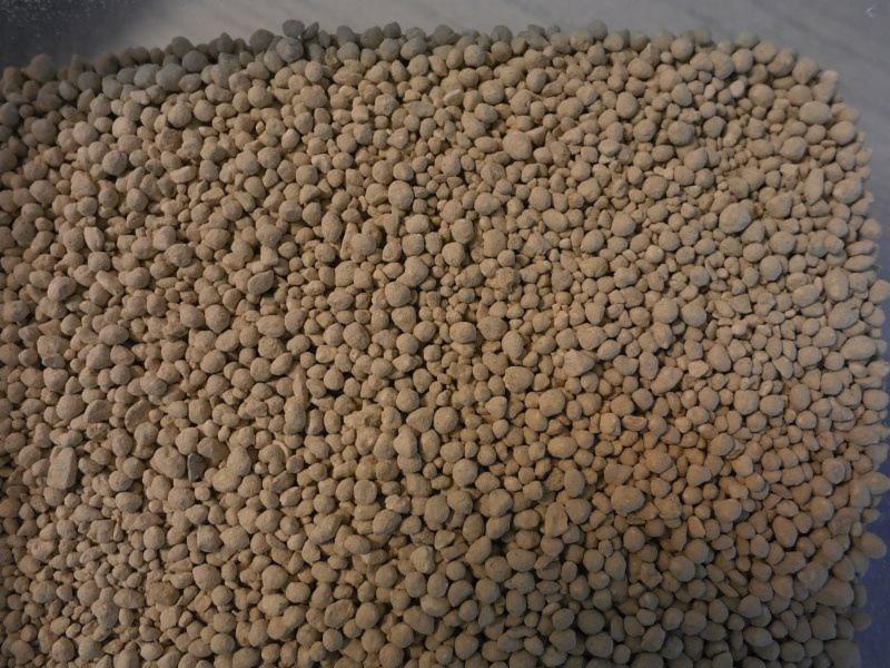 Jasnobrązowe granulki nawozu mineralnego, widoczne w plastikowym pojemniku, o nieregularnych kształtach i zróżnicowanej wielkości.