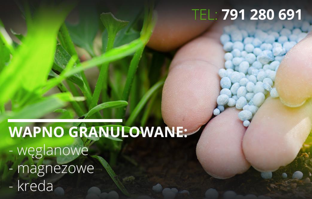 Dłoń trzymająca jasnoniebieskie granulki wapna na tle zielonych roślin i ziemi, w górnym rogu numer telefonu kontaktowego.