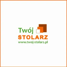 Graficzne logo firmy z napisem 'Twój STOLARZ' w kolorach zielonym i pomarańczowym, z trzema kwadratami w odcieniach brązu i białym, oraz adresem strony internetowej www.twoj-stolarz.pl, obramowane...