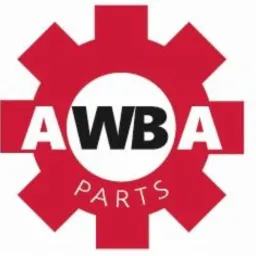 Logo AWBA PARTS w formie czerwonej zębatki z białym okręgiem w środku, gdzie umieszczono czarny napis. Prosty, techniczny styl.