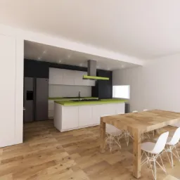 Wizualizacja nowoczesnej kuchni z zielonym blatem i drewnianym stołem z białymi krzesłami, minimalistyczny design