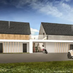 Wizualizacja nowoczesnego domu dwukondygnacyjnego z płaskim dachem, wykończonego drewnem i szarym tynkiem, z przejściem między bryłami, gdzie widać wchodzące osoby z bagażem, oraz zaparkowanym...
