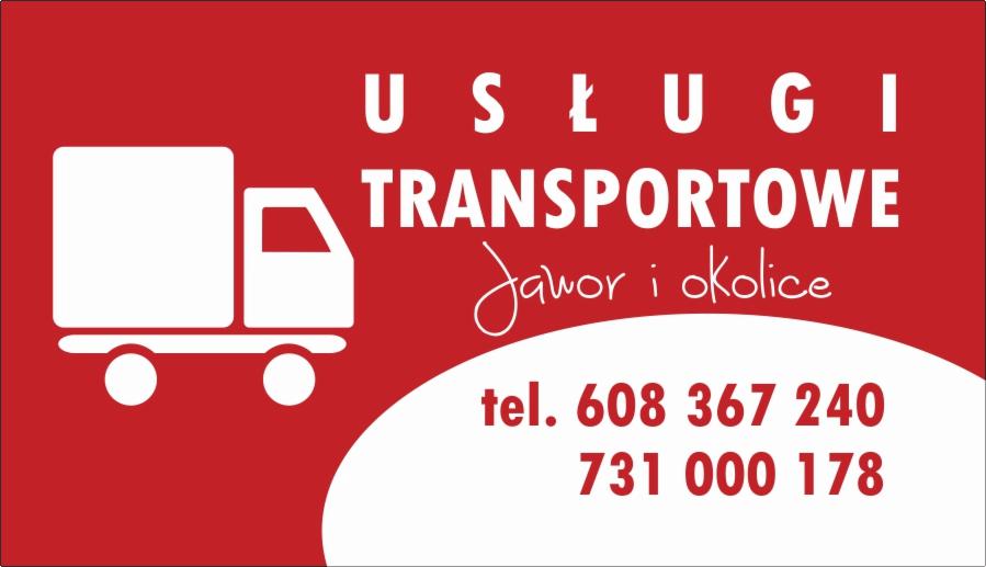 Grafika: czerwone tło z białym symbolem ciężarówki, napisem 'USŁUGI TRANSPORTOWE Jawor i okolice' oraz numerami telefonów.