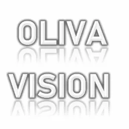 Logo firmy Oliva Vision z efektem cienia i odbicia na białym tle.