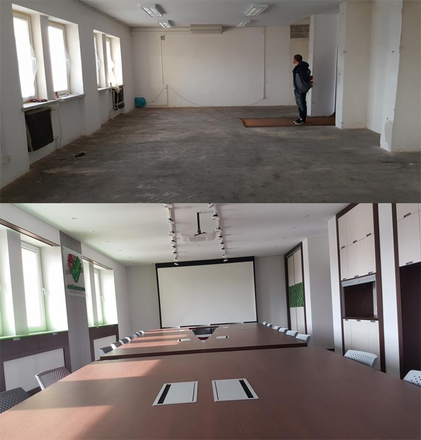 Porównanie pomieszczenia przed i po remoncie: surowy pokój z betonową podłogą i przygotowana sala konferencyjna z projektorem i długim stołem.