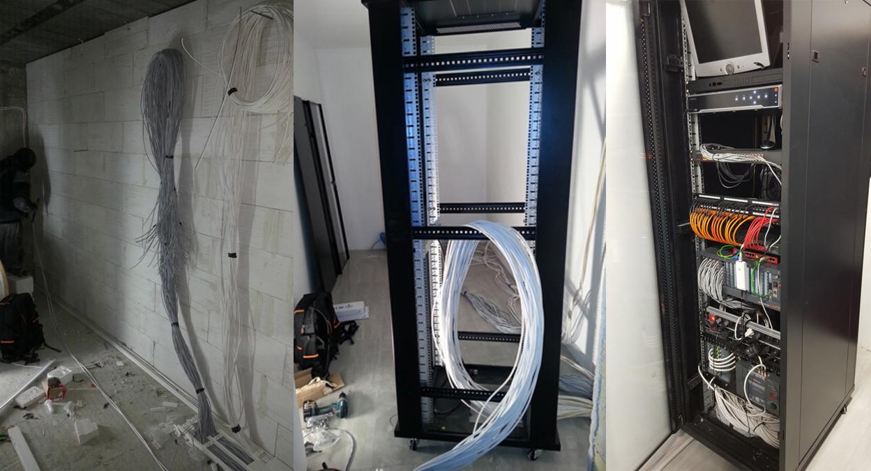 Instalacja okablowania strukturalnego: widok na montaż kabli w ścianie, szafę rack z okablowaniem oraz pustą szafę rack z przygotowanymi kablami.