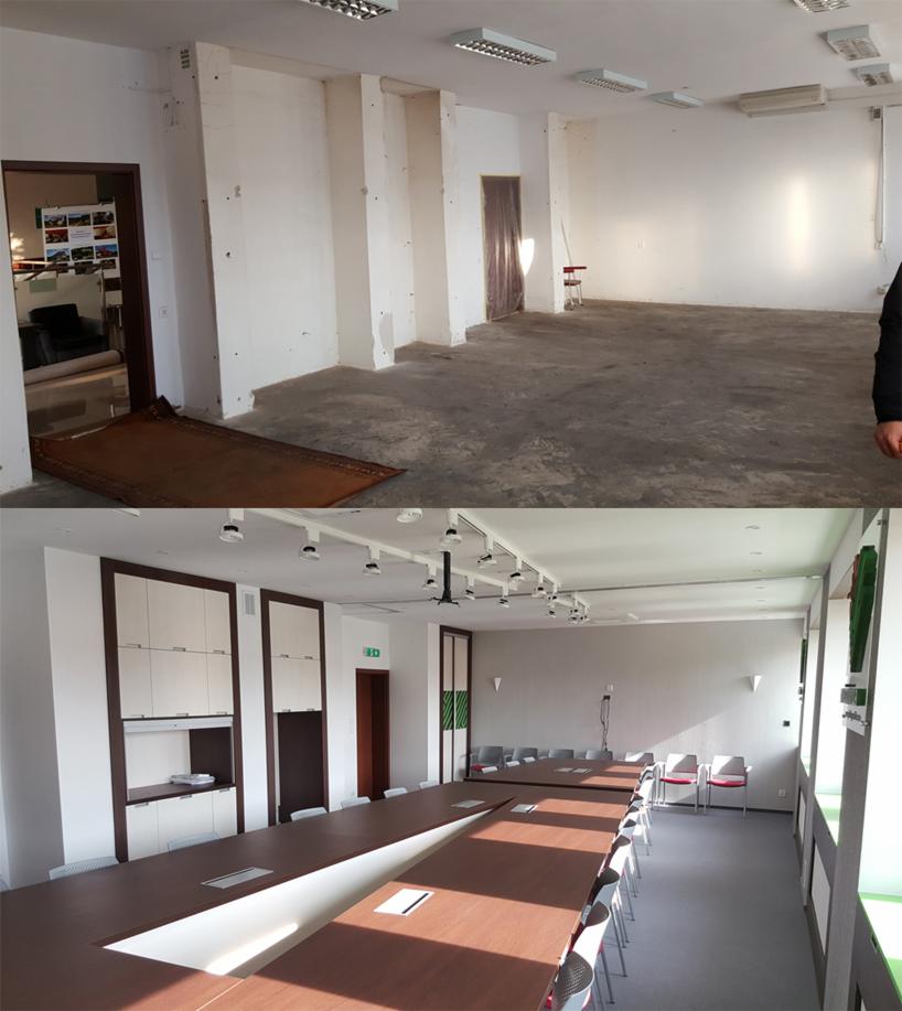 Porównanie stanu pomieszczenia przed i po remoncie: surowy pokój z odsłoniętymi ścianami i betonową podłogą kontra nowoczesna sala konferencyjna z długim stołem, oświetleniem punktowym i zabudową...