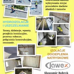 Ulotka reklamowa firmy Jawex-Izolacje prezentująca hydroizolacje, wykrywanie nieszczelności i docieplenia natryskowe z przykładami zastosowań na dachach, tarasach, fundamentach i poddaszach.