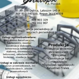 Wizytówka firmy budowlanej z Dębicy, oferującej usługi ogólnobudowlane, montażowe i ogrodnicze. Widoczne zbrojenia i żółty kask. Dane kontaktowe i zakres usług.