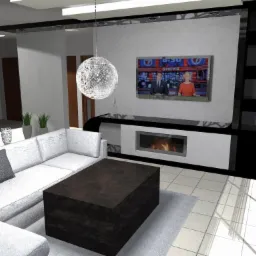 Nowoczesny salon z kominkiem pod telewizorem, białą sofą narożną i geometrycznym stolikiem kawowym. Klosz lampy zwisający z sufitu dodaje elegancji.