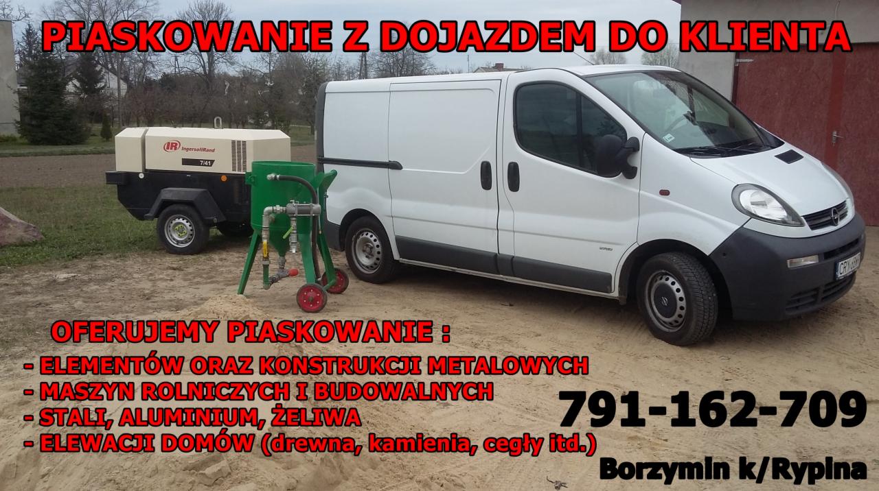 Mobilny zestaw do obróbki strumieniowo-ściernej z kompresorem i transportem, gotowy do pracy w terenie. Usługi z dojazdem do klienta.