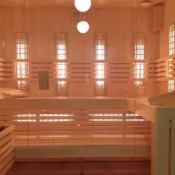 Wnętrze sauny fińskiej z drewnianymi ławkami, oświetleniem punktowym i grzejnikami za szybą.