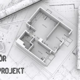 Architektoniczny plan domu z modelem 3D, zwinięte plany i napisy: doradztwo, nadzór, projekt. Monochromatyczna paleta, precyzyjne detale.