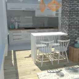 Wizualizacja nowoczesnej kuchni z wyspą i białymi krzesłami, ceglana ściana z telewizorem, drewniana podłoga i wiszące lampy. Projekt wnętrza z dbałością o detale.