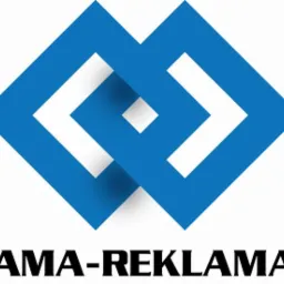 Niebieskie, geometryczne logo firmy reklamowej z nazwą domeny 'reklama-reklama.com' poniżej.