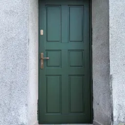 Zielone drzwi zewnętrzne z czterema panelami w szarej, surowej ramie, z widoczną paletą i niedokończonymi pracami wykończeniowymi.