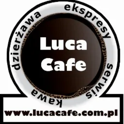 Logo Luca Cafe z filiżanką kawy, napisem 'ekspresy serwis dzierżawa' i adresem strony www.lucacafe.com.pl w czarnej ramce na białym tle.