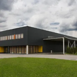 Nowoczesna hala przemysłowa z ciemnoszarą elewacją, pomarańczowymi akcentami okiennymi i żółtym wejściem, otoczona zielonym trawnikiem i rzędem tuj, pod pochmurnym niebem.