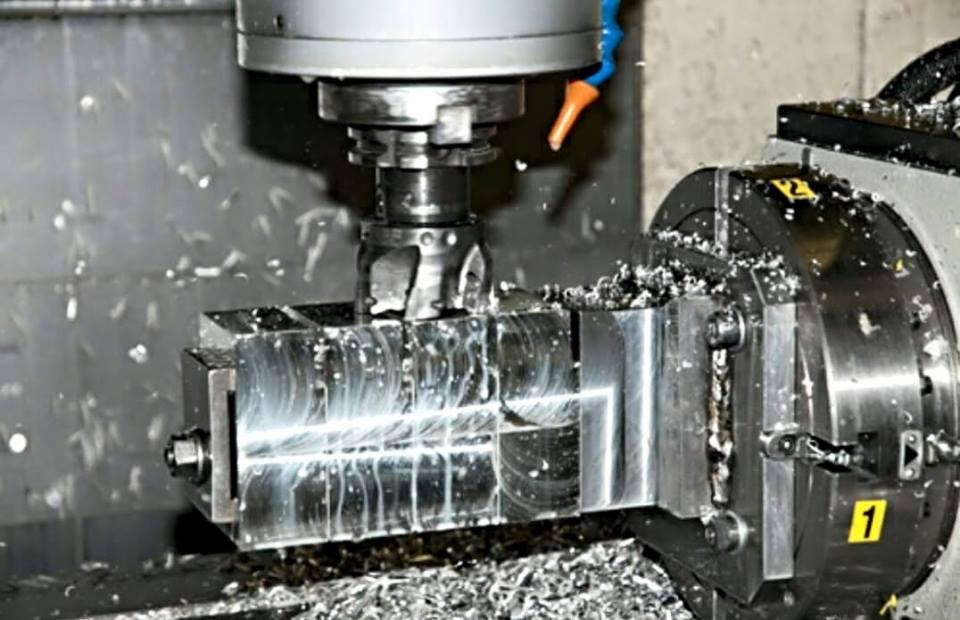 Precyzyjna obróbka metalu na maszynie CNC z chłodziwem, wióry metalowe wokół obrabianego elementu. Widoczne detale frezu i uchwytu.