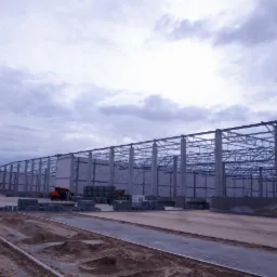 Wczesny etap budowy hali: szkielet konstrukcji stalowej z betonowymi ścianami, widoczne przygotowane materiały budowlane i maszyny na placu budowy, pochmurne niebo w tle.