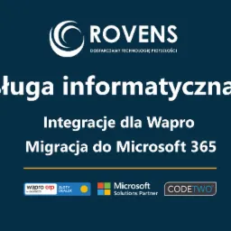 Grafika: Obsługa informatyczna firm, integracje dla Wapro i migracja do Microsoft 365. Logo Rovens, Wapro ERP, Microsoft Solutions Partner i Codetwo na niebieskim tle.