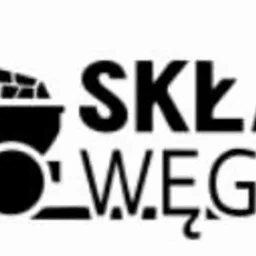 Czarno-białe logo składu węgla z wózkiem wypełnionym węglem. Minimalistyczny design, wyraźny napis 'Skład Węgla' obok grafiki wózka.
