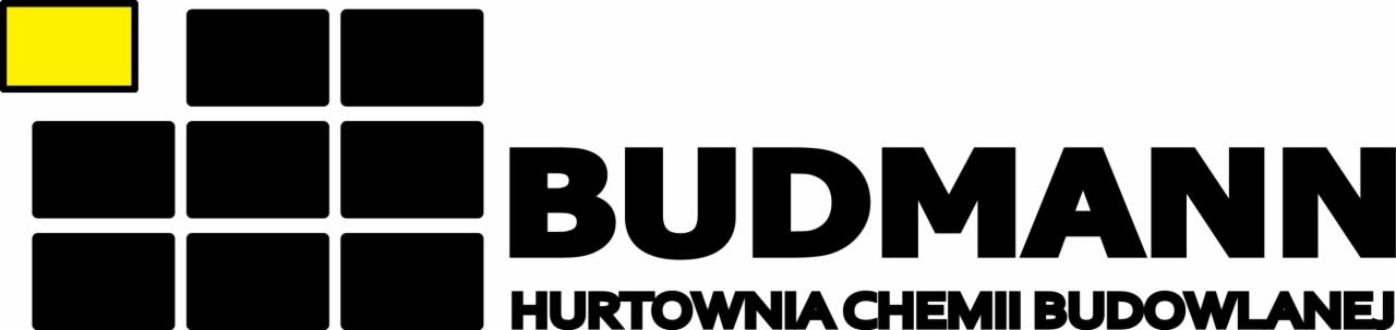 Logo firmy BUDMANN, hurtowni chemii budowlanej. Składa się z czarnych kwadratów z jednym żółtym w lewym górnym rogu oraz napisu BUDMANN i Hurtownia Chemii Budowlanej.