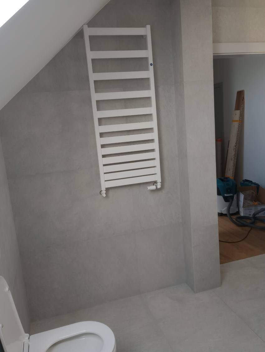 Nowoczesna łazienka w szarościach z grzejnikiem drabinkowym, widoczna toaleta i narzędzia w tle