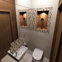 Nowoczesna aranżacja małej łazienki w Warszawie: umywalka nablatowa z mozaiką, wisząca toaleta i wnęki dekoracyjne z podświetleniem.