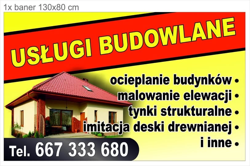 Baner reklamowy usług budowlanych z wizualizacją domu jednorodzinnego z czerwoną dachówką, oferujący ocieplanie budynków, malowanie elewacji, tynki strukturalne i imitację deski drewnianej...
