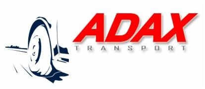 Logo firmy transportowej ADAX: czerwony napis ADAX nad szarym napisem TRANSPORT, z lewej strony grafika przedstawiająca koło samochodu w ruchu na białym tle.