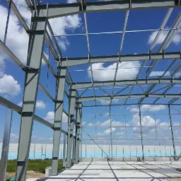 Wnętrze hali w trakcie budowy, widoczne stalowe konstrukcje nośne na tle błękitnego nieba z obłokami, w prawym górnym rogu podnośnik koszowy.