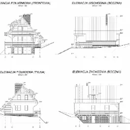 Rzut elewacji budynku mieszkalnego z czterech stron świata: południowej (frontowej), wschodniej (bocznej), północnej (tylnej) i zachodniej (bocznej), skala 1:100, z zaznaczonymi wymiarami i kątami...