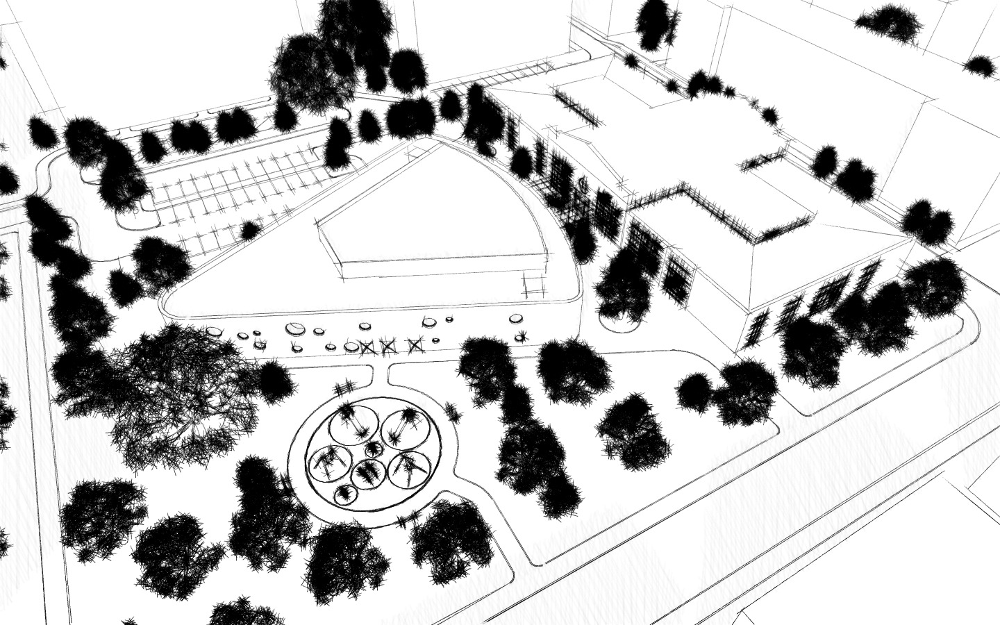 Czarno-biały szkic architektoniczny budynku usługowego z parkingiem i zagospodarowaniem terenu, widok z lotu ptaka.