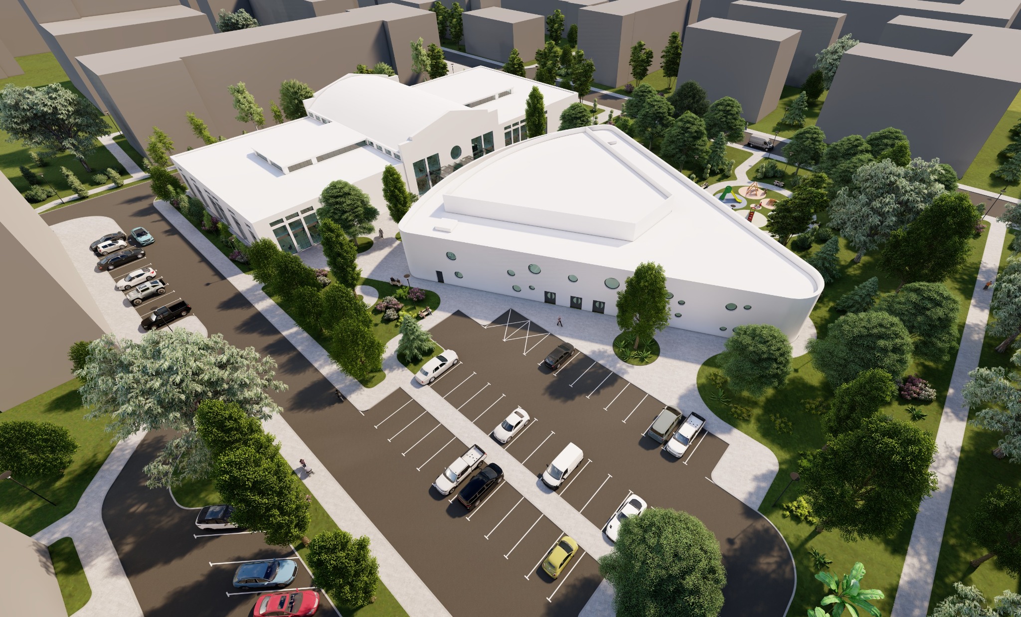 Wizualizacja 3D nowoczesnego budynku usługowego z parkingiem, otoczonego zielenią i innymi budynkami, widok z góry.