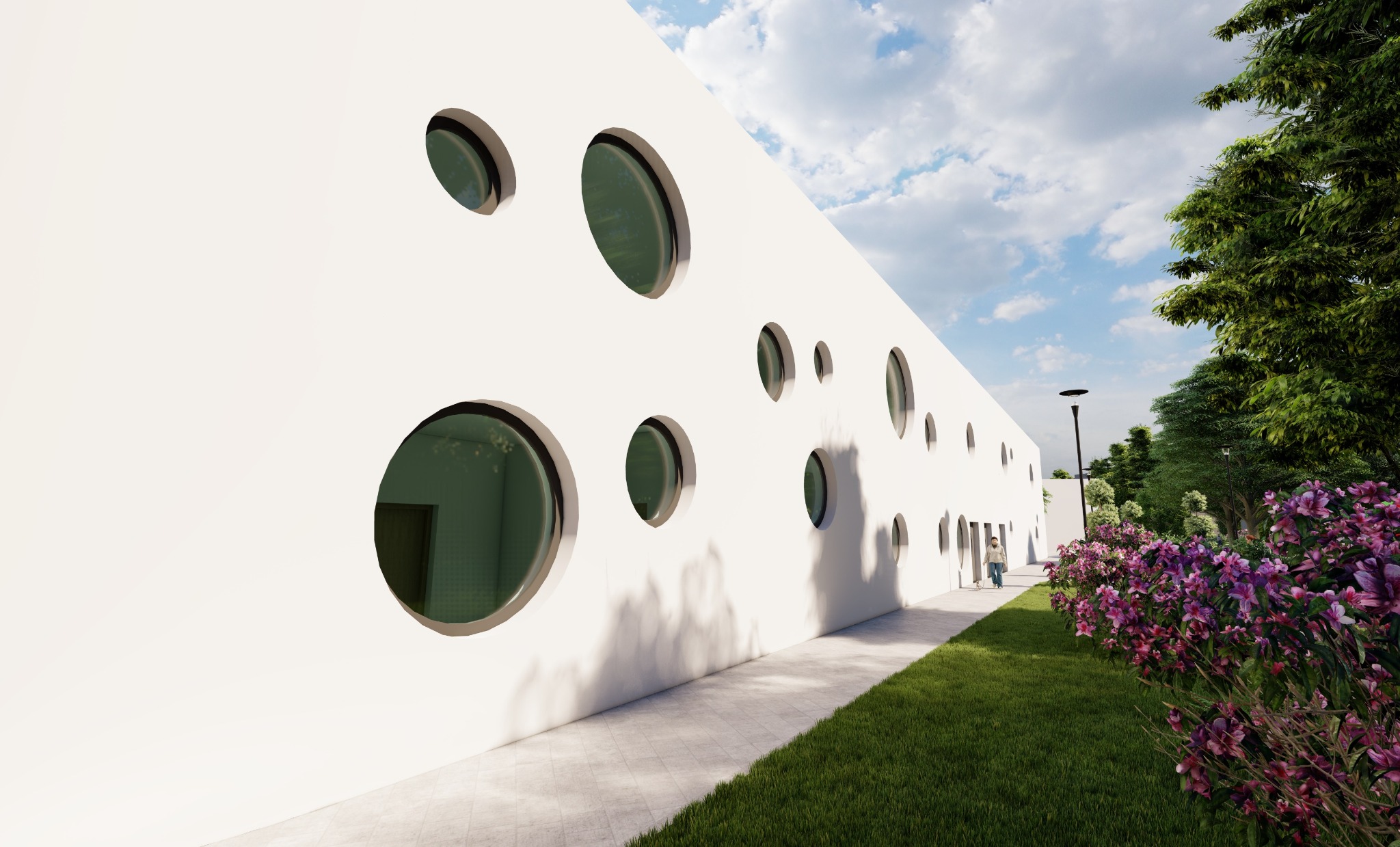 Wizualizacja budynku usługowego z białymi ścianami i okrągłymi oknami, widok z perspektywy pieszego, z elementami zieleni i chodnikiem.