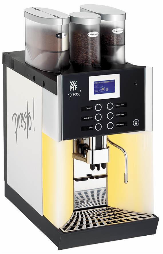 Profesjonalny ekspres do kawy WMF Presto! z trzema pojemnikami na kawę ziarnistą i podświetleniem, widoczne przyciski wyboru napojów i wyświetlacz.
